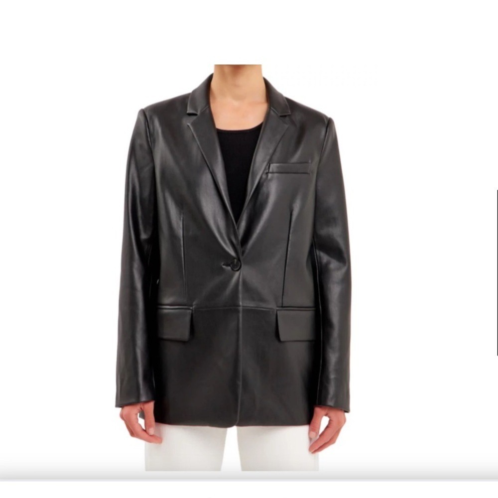 English Rose Black Faux Leather Blazer Jacket pockets‎ lined small classic new